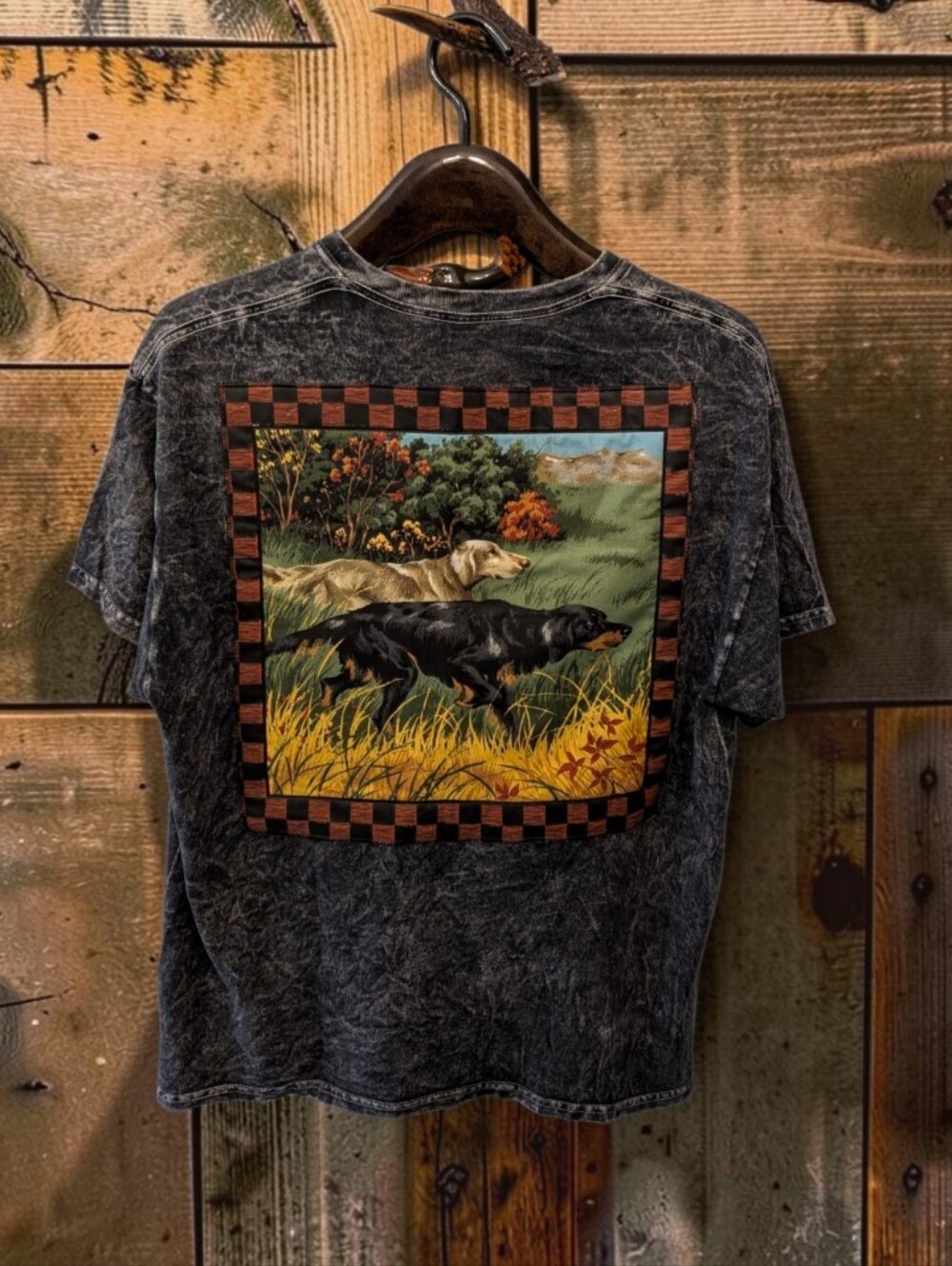 Black Vintage-Wash Short-Sleeve Tee with Hunting Dog Back Graphic